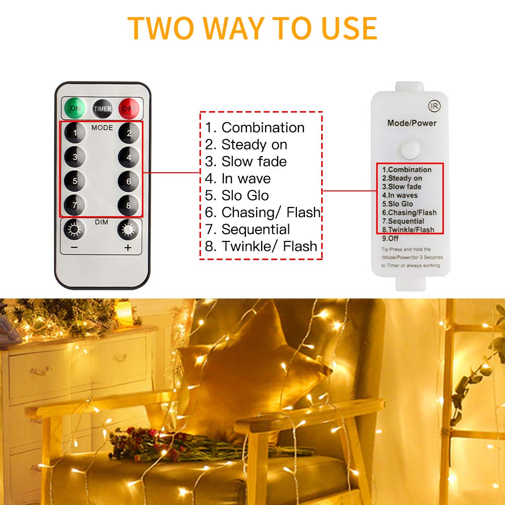 koopower 65ft 200 LED Indoor String Lights with Remote and Timer, Plug-in 8 Modes Dimmable Fairy Lights for Bedroom Wedding Party Christmas Lights in Warm White