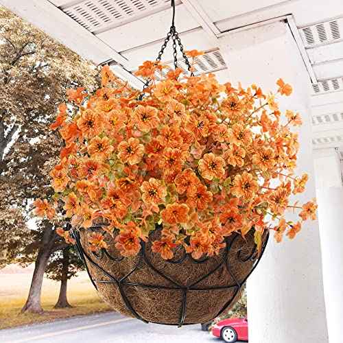 Agusbagli 10Pcs Artificial Fall Flowers Outdoor Autumn Fake Flowers UV Resistant Faux Plastic Greenery Shrub Plant for Wedding Home Garden Window Box Fireplace Thanksgiving Christmas Decor Orange