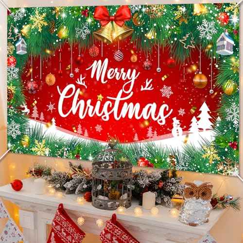 Merry Christmas Backdrop 6x4 ft Christmas Banner Red Green Garland Jingle Bell Holiday Photo Background Xmas Party Decorations