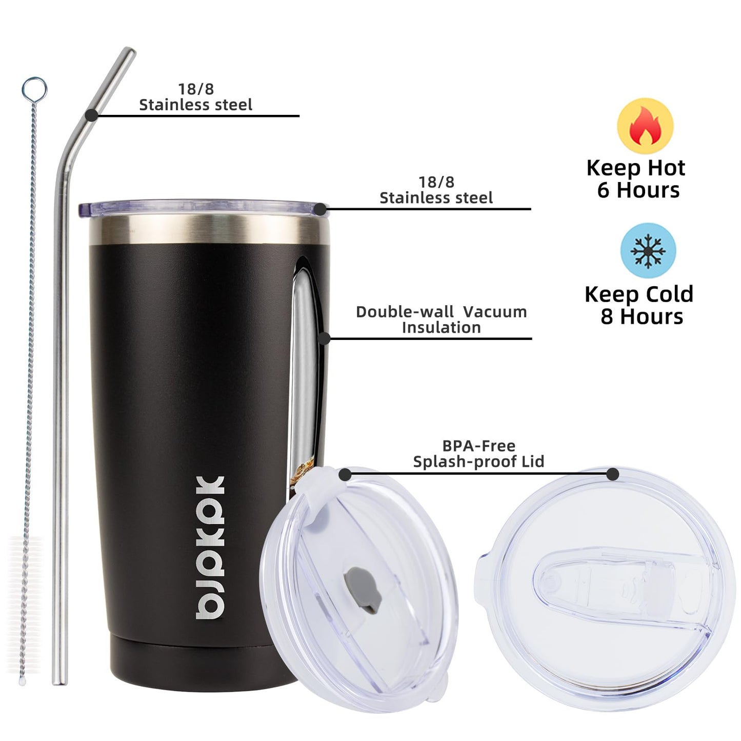 BJPKPK 20 oz Tumbler with Lid and Straw Insulated Travel Coffee Mug Reusable Stainless Steel Thermal Cups,Black