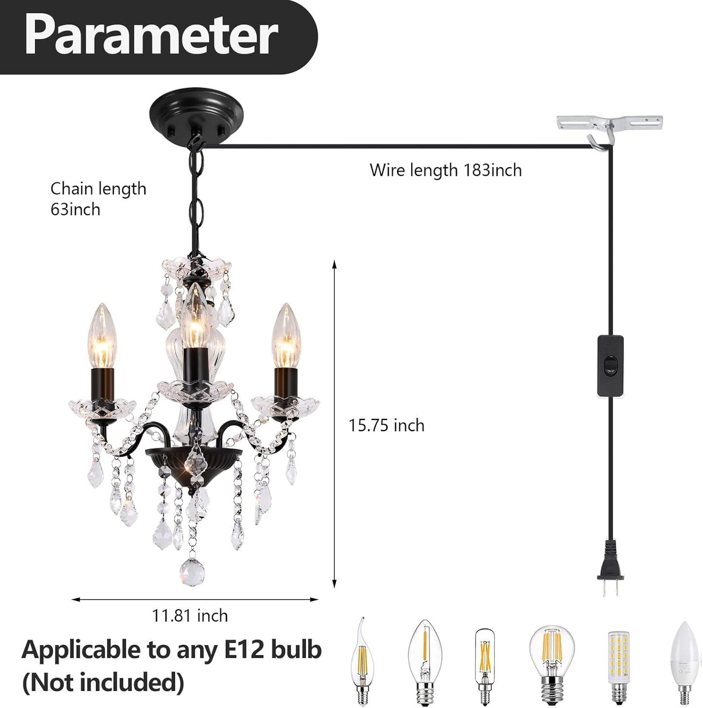 Plug in Modern 3-Light Gold Chandelier with Glass Crystals, Candle Style Pendant Light Fixtures for Living Room, Girls Room, Kitchen Island, Entryway