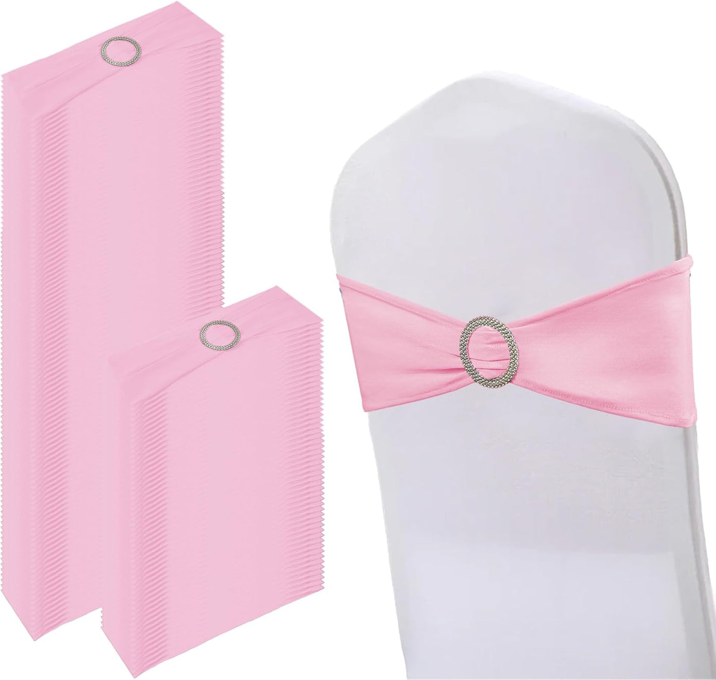 Skiennix Spandex Stretch Chair Sashes - 150 Pack Elastic Covers with Buckle Slider for Weddings & Events | Pink