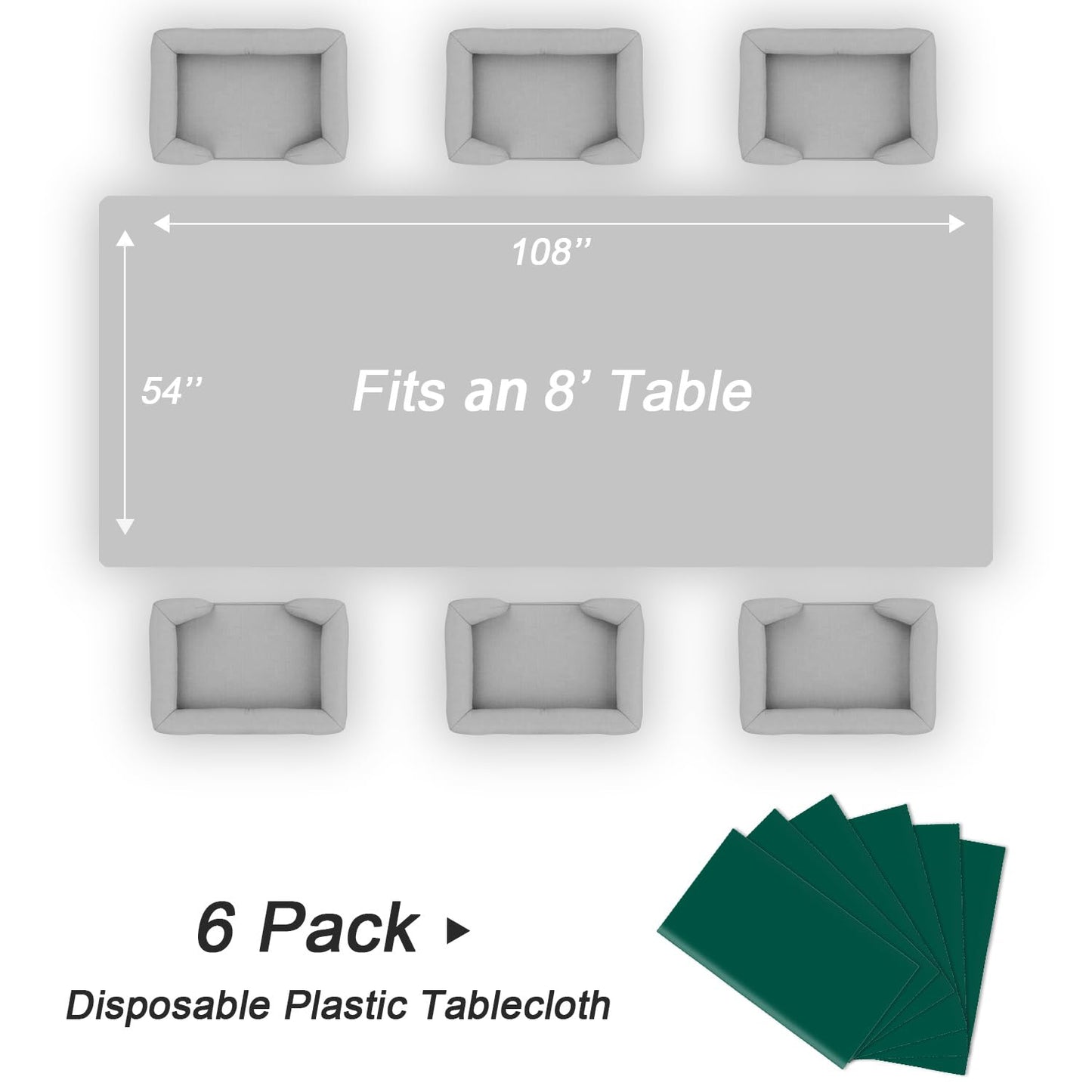 QIKSION Dark Green Plastic Table Cloth Disposable 6 Pack, 54 x 108 Inch Tablecloths for Party, Christmas Decorations, Rectangle Table Cover