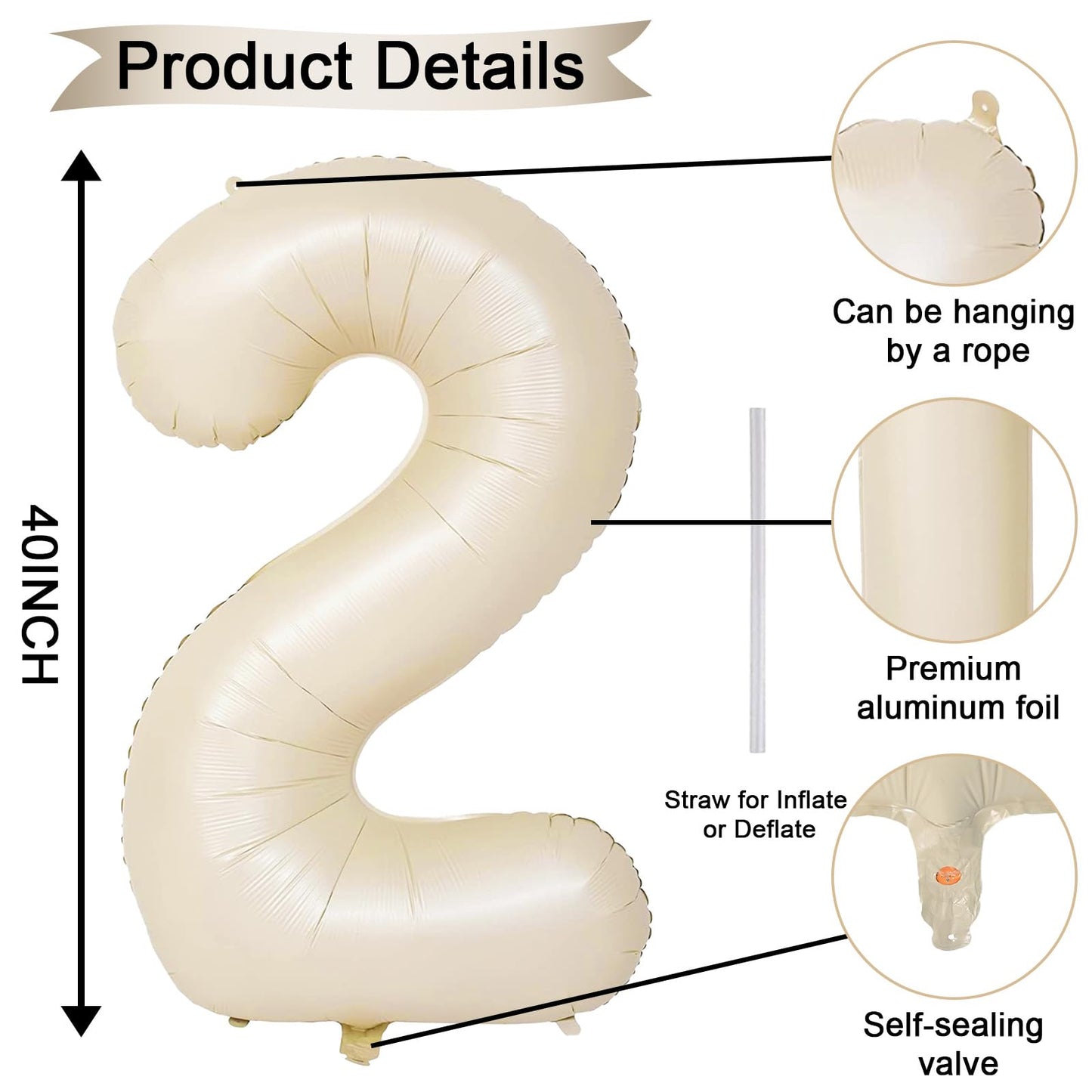 40 Inch Balloon Number 2 Beige, Large Foil Cream Number Balloons Set 0-9 for Men Women, Self Inflating Digital 2 Helium Balloons for Boys Girls 2nd Birthday Anniversary Baby Shower Party Decorations