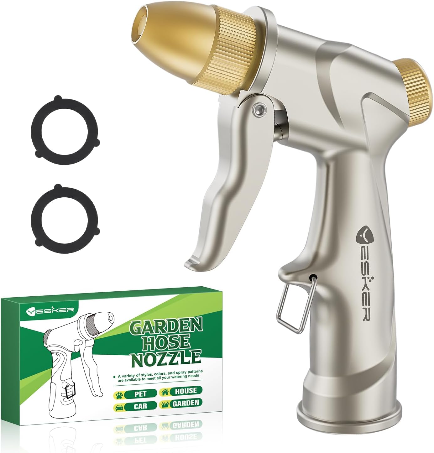 Yesker Garden Hose Nozzle - Heavy Duty 100% Metal Brass Sprayer with 4 Adjustable Spray Patterns for Outdoor Use