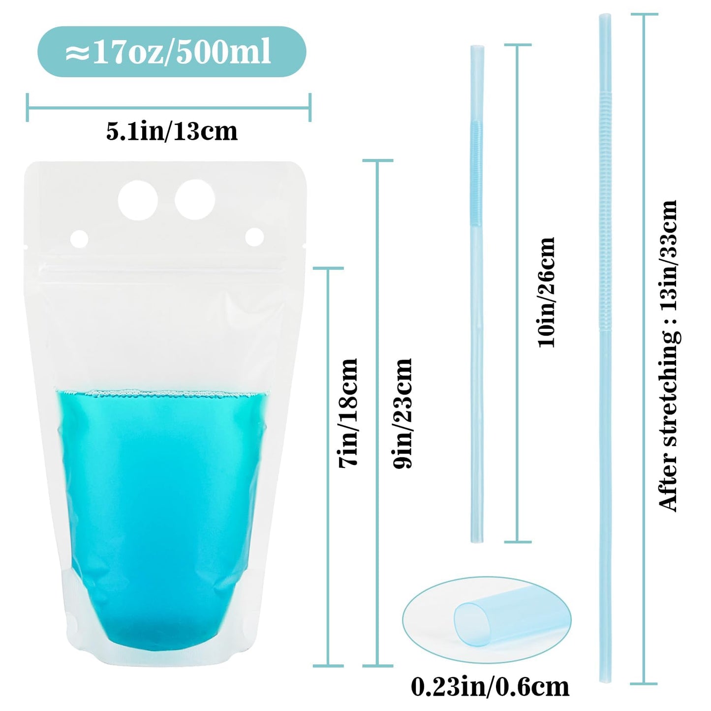 44 Drink Pouches with Straws Individually-Wrapped - 17oz Juice Drink Pouches Adults Alcohol Clear Plastic Halloween Blood Bag Reusable Cocktail Liquor Liquid Smoothie Party Hot Weather Cooling