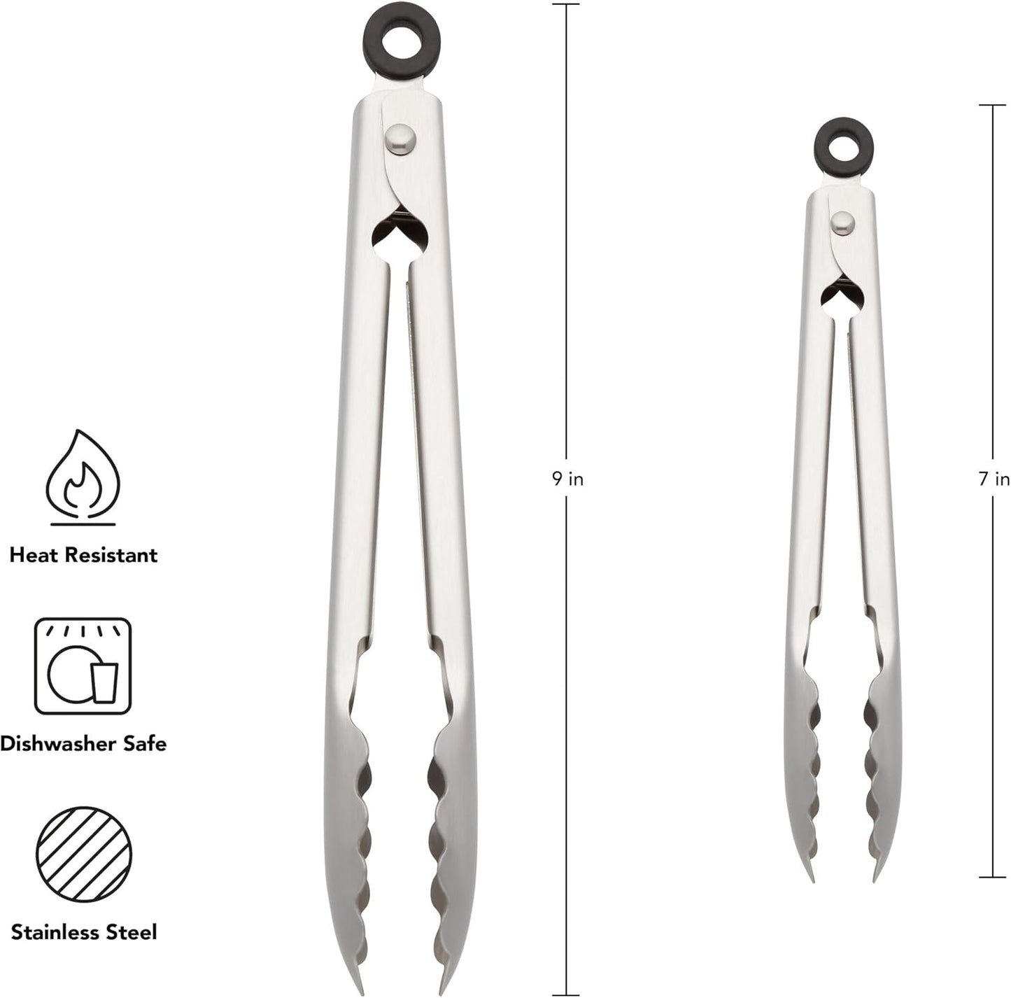KitchenAid Stainless Steel Tongs Set - Durable Scalloped Edges | Easy Lock, Dishwasher Safe, 7" & 9" Silver