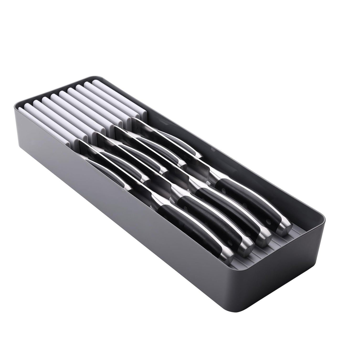 Linoroso Knife Drawer Organizer With In-Drawer Knife Block for 9 Knives, Kitchen Utensil Organizer, BPA Free Secure Storage Tray for Countertop Organization