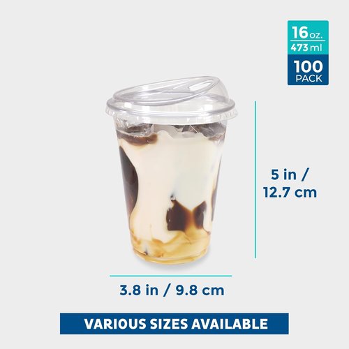 Freshware 16 oz Clear Disposable Plastic Cups - Heavy-Duty Tumblers with Strawless Sip Lids, 100 Pack