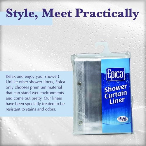 Epica Shower Curtain - Heavy-Duty Clear Vinyl Liner 72x72 | Stain & Soap Scum Resistant, Rust-Proof Grommets