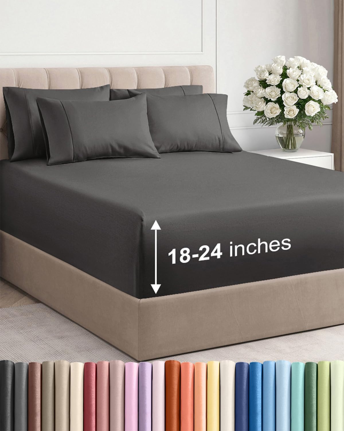 Skiennix Extra Deep Queen Sheet Set | 6-Piece Breathable Cooling Bedding - Soft, Wrinkle-Free Charcoal