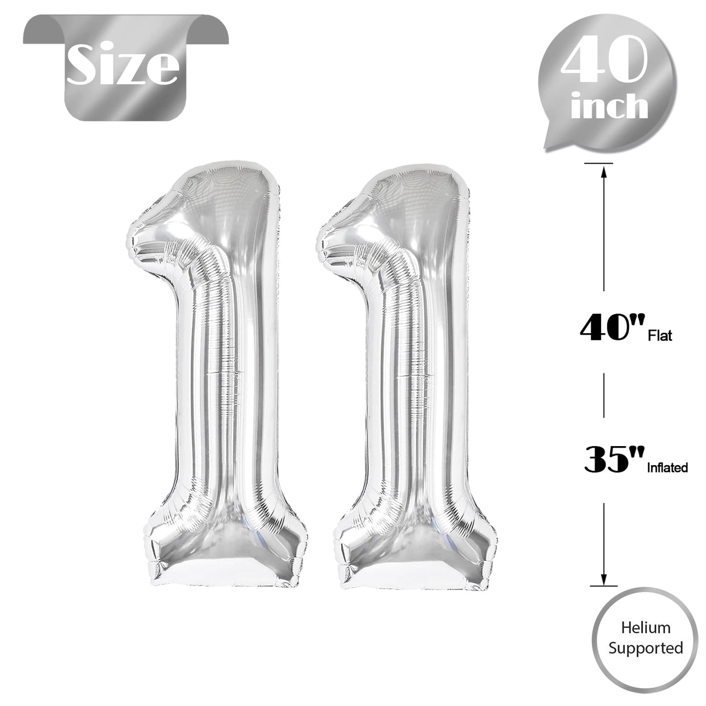 Silver Number 11 Balloon 40 inch, 11 Number Balloons, 11th Silver Birthday Decorations for Girls Boys Kids, 11 Year Old Silver Party Supplies