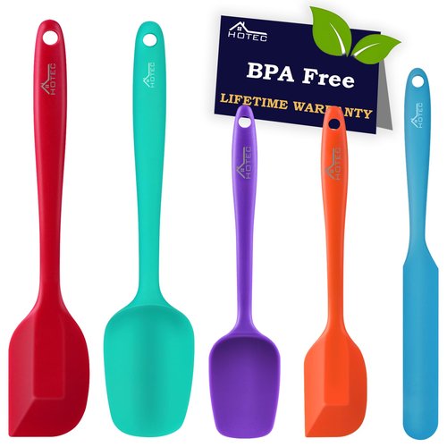 HOTEC Heat Resistant 600℉ Food Grade Silicone Rubber Spatula Set for Baking, Cooking, and Mixing Non Stick Dishwasher Safe BPA-Free Multicolor Set of 5