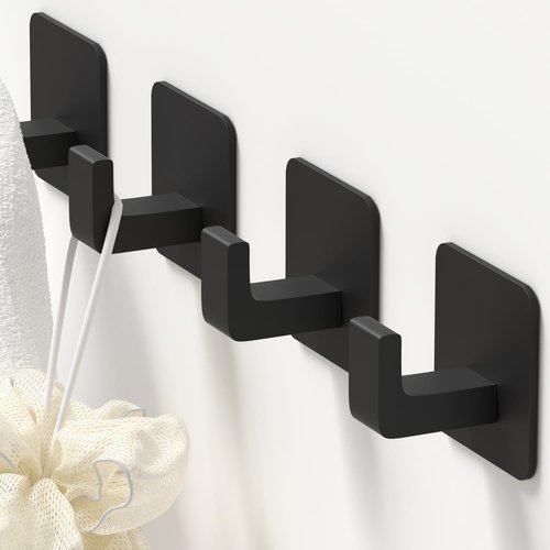 GWAAZXGZ Square Self-Adhesive Towel Hooks - 4 Pack Matte Black Metal for Organizing Towels, Robes & Hats | Right-Angle Design for Smooth Surfaces