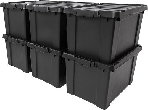 IRIS USA 20 Gallon Lockable Storage Bins - Heavy Duty, Stackable Organizing Containers | 6 Pack, Black