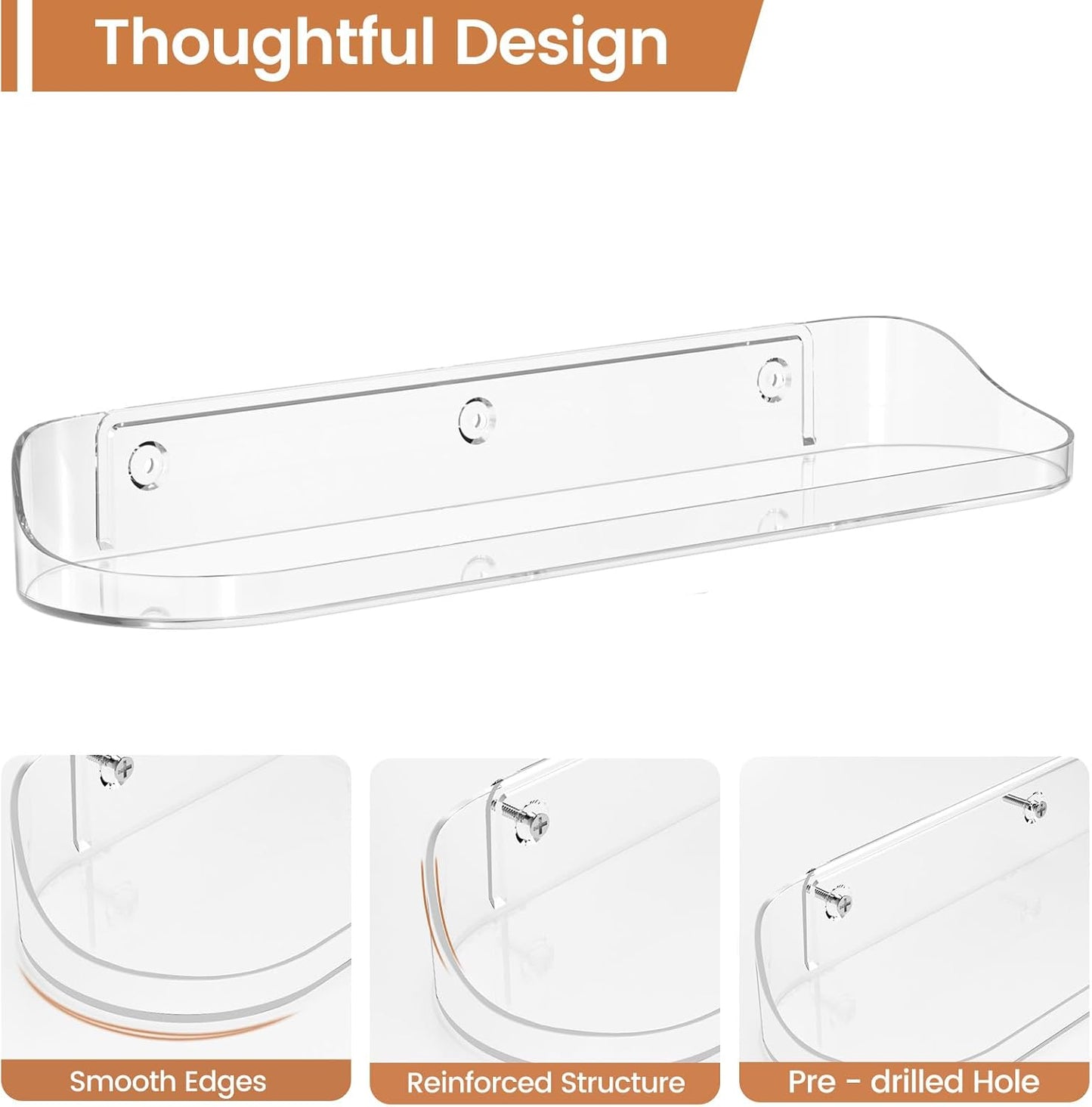 SpaceWhisper Floating Wall Shelves - 6-Pack 15" Clear Display Organizers for Bathroom, Bedroom & Living Room