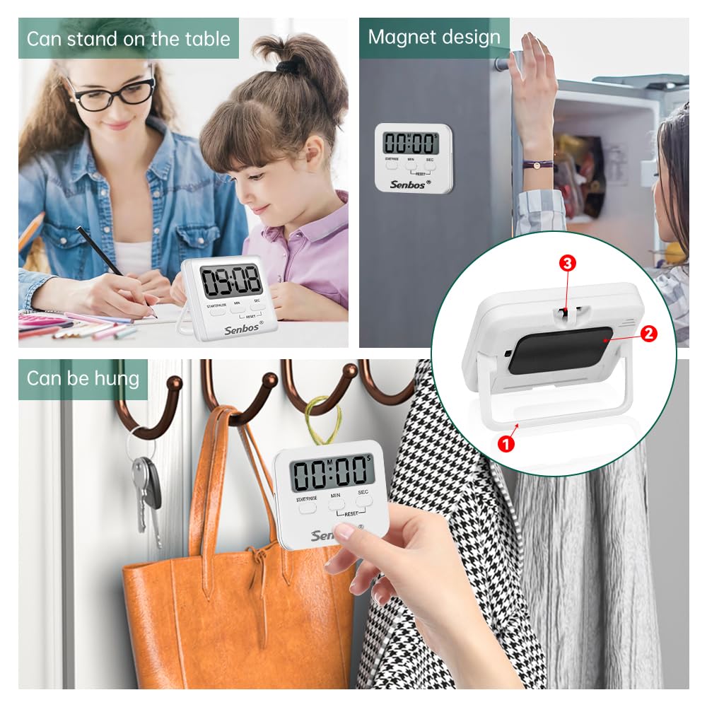 Senbos Digital Kitchen Timer with Loud Alarm - Magnetic Countdown/Countup Timer, Silent Mode, Large LED Display for Cooking, Classroom, Kids & Seniors (White)