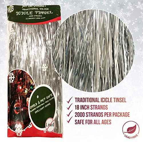 Premium Icicle Tinsel Strands for Christmas Tree - 2000 Old-Fashioned Silver Icicles Garland for Xmas Trees Shiny Mylar - Each Strand 18 in. - Kid Pet Safe (Lead-Free) - Hang with Ornaments & Decor