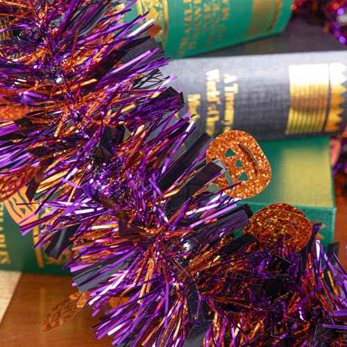 33FT Halloween Tinsel Garland, Black Orange Purple Metallic Twist Foil Tinsel Garland with Pumpkin Ornament Shiny Pumpkin Hanging Garland for Halloween Party Indoor Outdoor Decoration