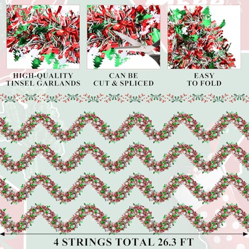 Kreyfer 4-Pack Christmas Tinsel Garlands 26.4 ft with Snowflake & Tree Cutouts
