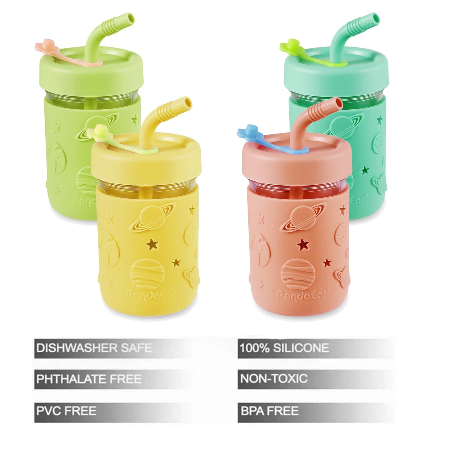 PandaEar Kids & Toddler Glass Cups, 4 Pack Glass Mason Jar Cups 8.45 oz with Silicone Sleeves & Straws, Spill-Proof Smoothie & Snack Cups for Children Ages 3+