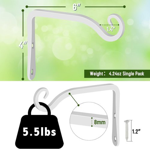 Feed Garden Hand-Forged Hanging Plant Bracket - Iron Wall Hook for Indoor/Outdoor Use | 6 Inch, 2 Pack, White