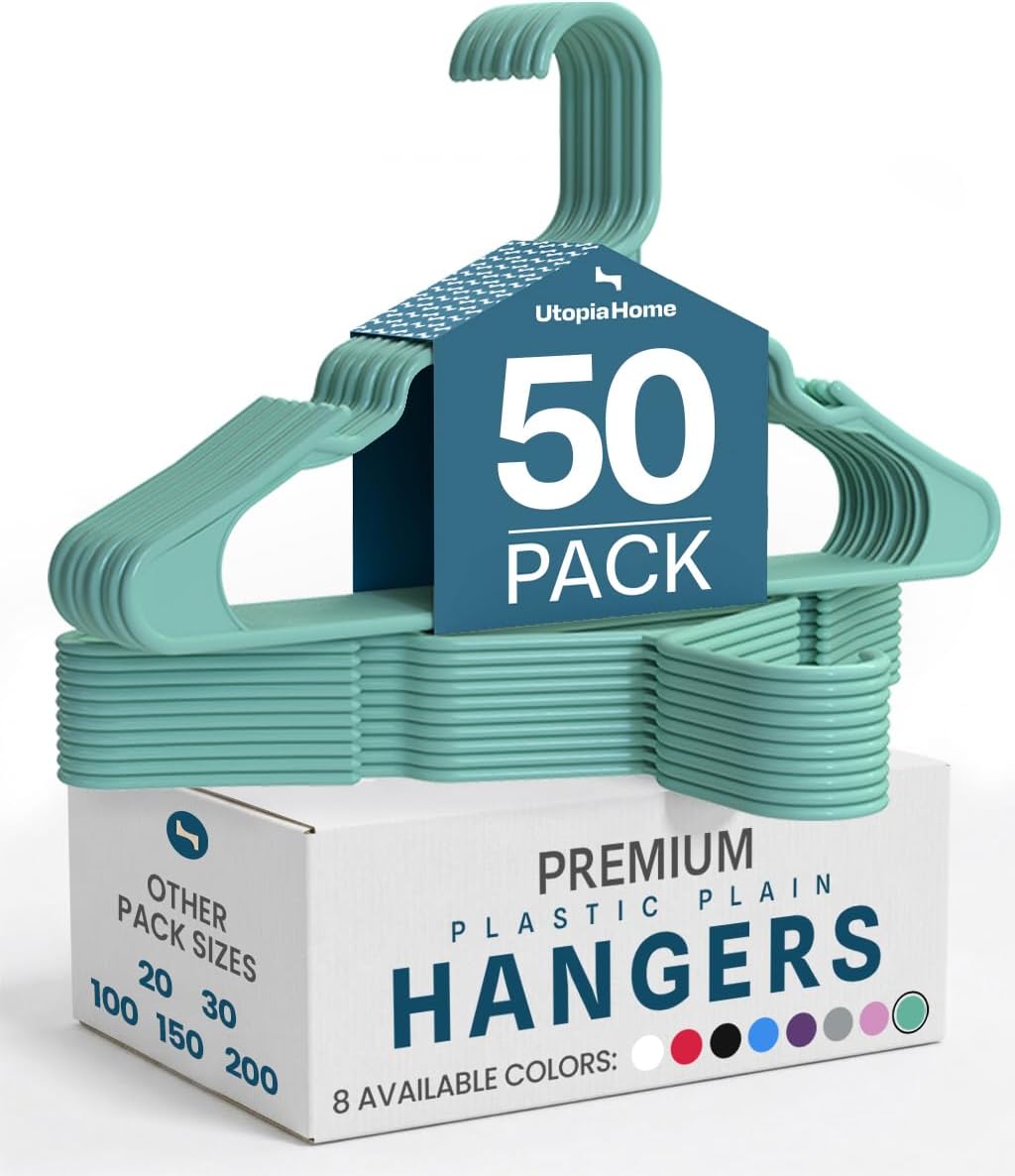 Utopia Home Plastic Hangers - Space-Saving Clothes Hangers with Built-In Strap Hooks | 50 Pack in Aqua