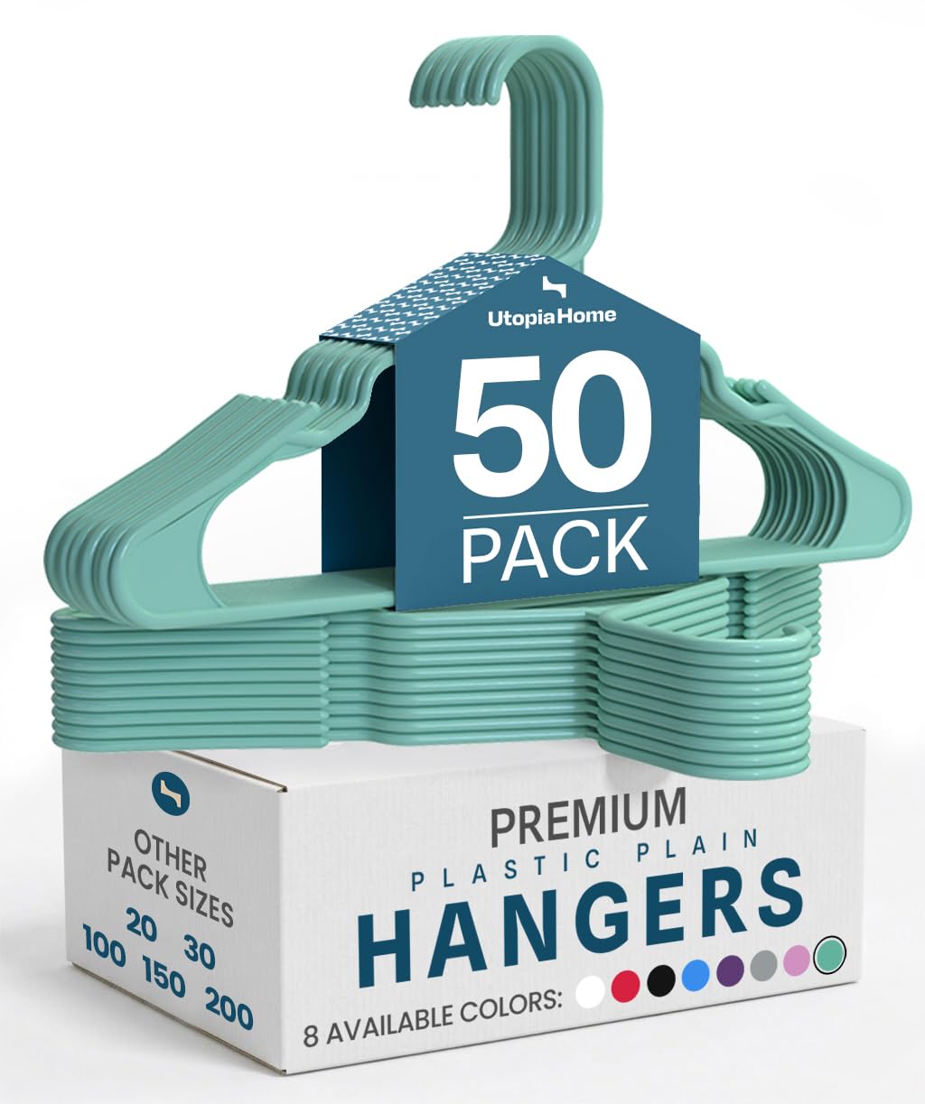 Utopia Home Plastic Hangers 50 Pack, Space Saving Plastic Clothes Hangers for Adults with Built-in Strap Hooks, Essential for Shirts, Pants, Skirts & Coats (Aqua)