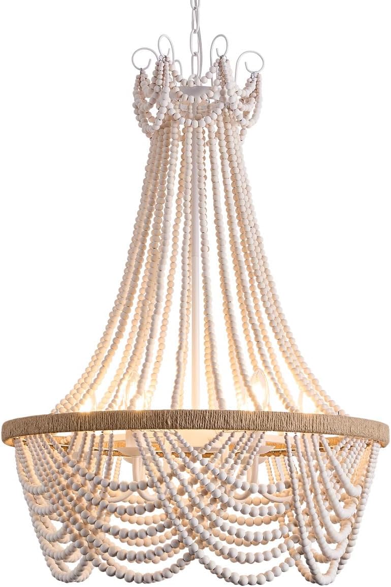 Farmhouse Boho Flush Mount Ceiling Light,3-Light Wood Bead Chandeliers,Black Metal Bohemia Hanging Pendant Lighting,Small Chandelier for Bedroom,Living Room,Entryway,Hallway