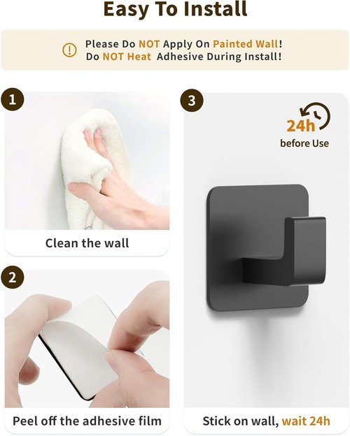 GWAAZXGZ Square Self-Adhesive Towel Hooks - 4 Pack Matte Black Metal for Organizing Towels, Robes & Hats | Right-Angle Design for Smooth Surfaces