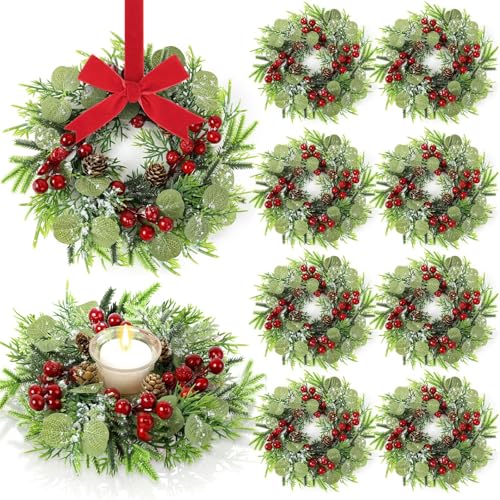 8 Pcs Mini Christmas Candle Ring Set for Cabinet - Artificial Wreaths with Berries & Pinecones (YLOLUL)