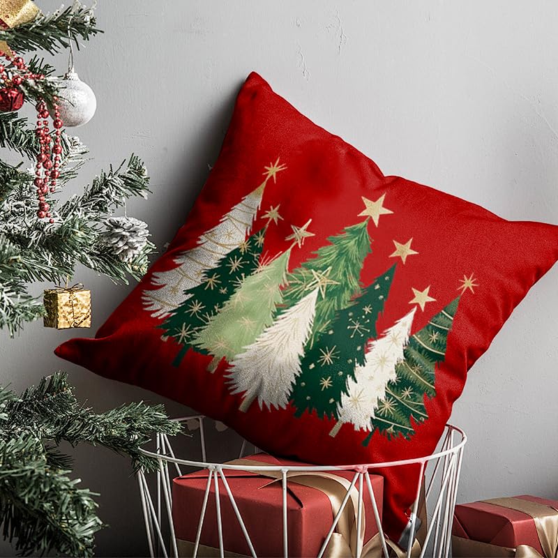 RABUSOFA Christmas Tree Pillow Cover 18x18 Red Stars, 18x18in, Hidden Zipper