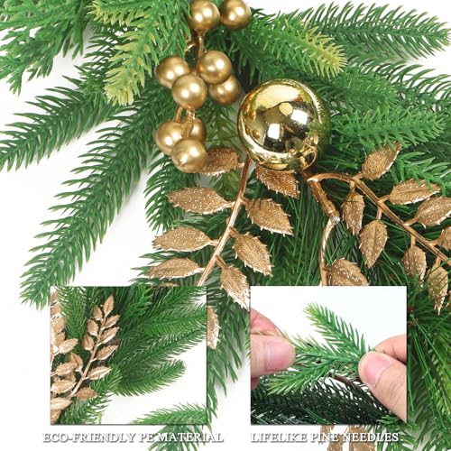 6ft Norfolk Pine Garland with Gold Flowers - Premium Indoor/Outdoor Christmas Greenery