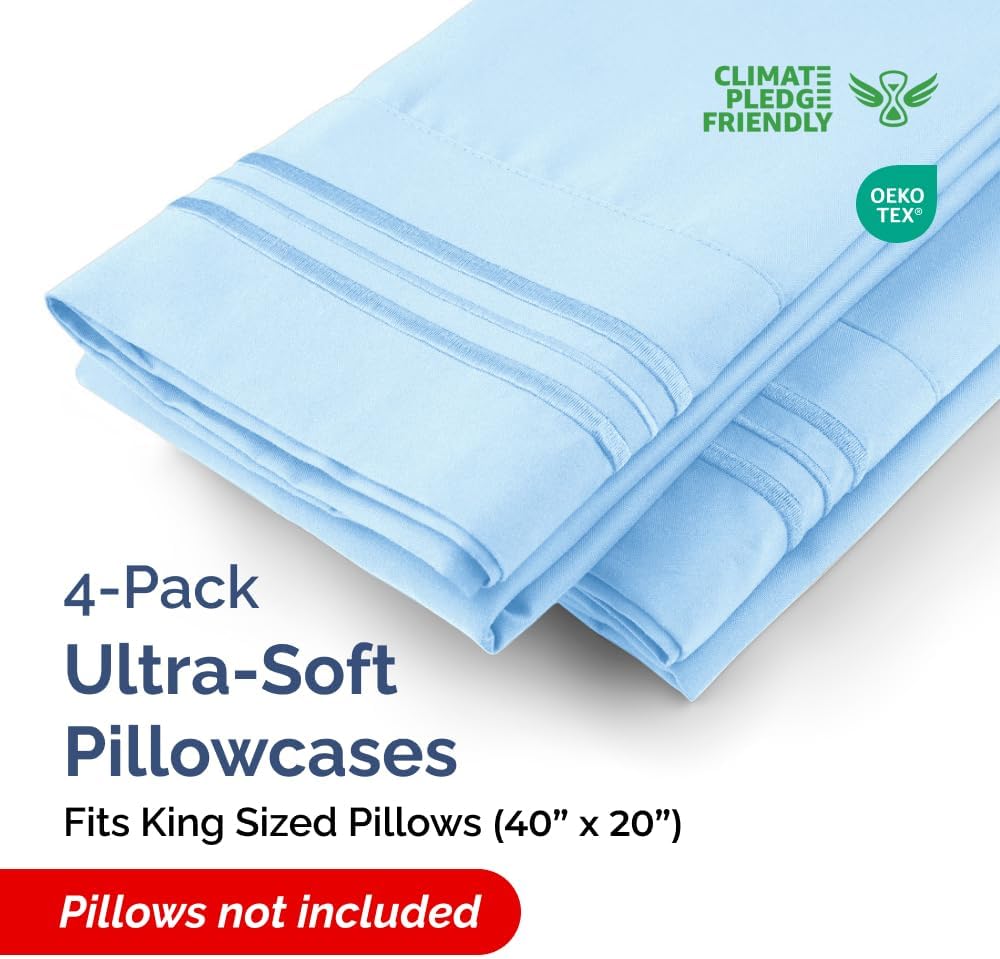 King Pillow Cases by Luxurious Home - Ultra Soft Hotel Quality - Wrinkle-Free & Stain Resistant - Light Blue, Set of 4