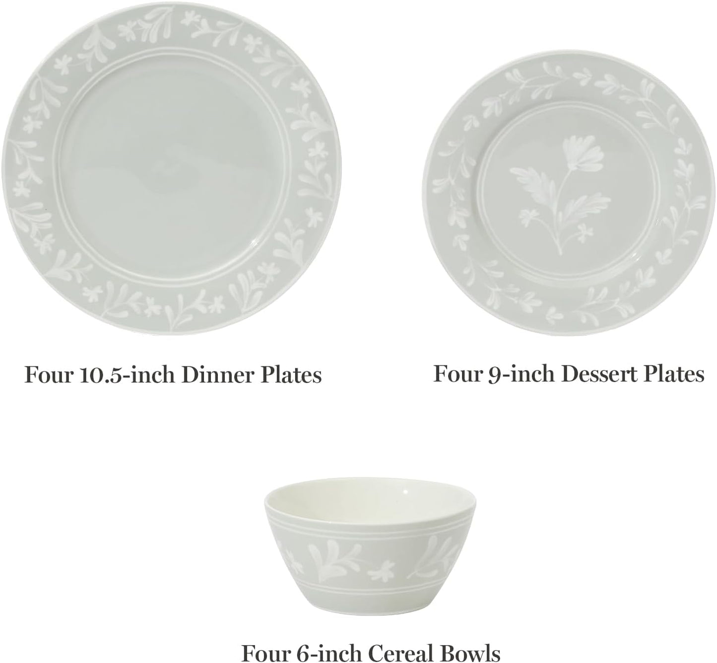 Martha Stewart Dinnerware Set - Maiden Crown 12-Piece Sage Green Dish Set | Floral Design, Microwave & Dishwasher Safe