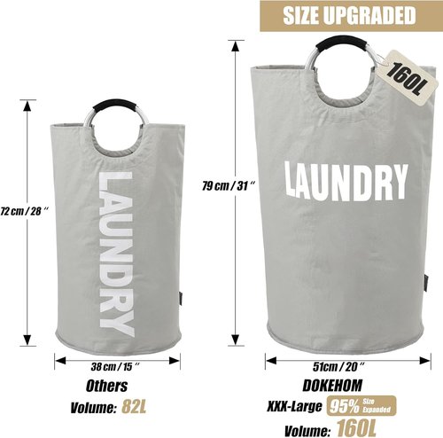 DOKEHOM 160L XX-Large Laundry Basket - Collapsible & Foldable Hamper in Grey | 7 Color Options Available