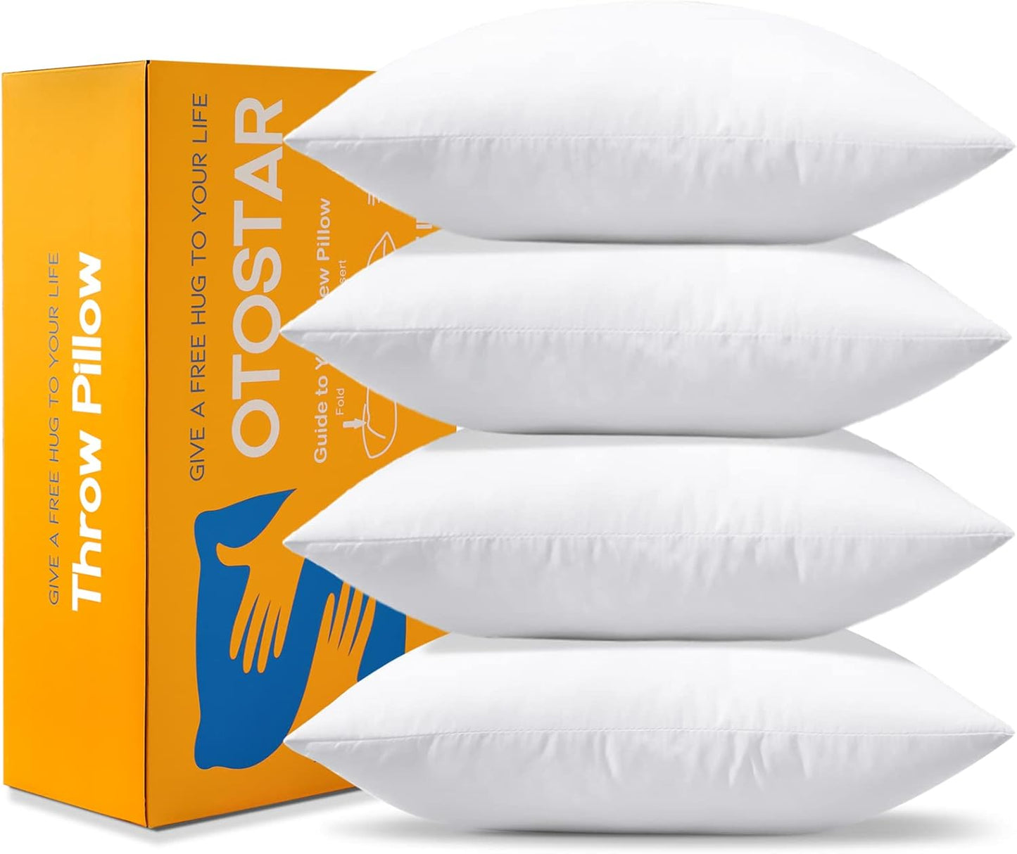 OTOSTAR Throw Pillow Inserts - Soft & Fluffy Cushion Pads | Pack of 4, 18 x 18 Inches, White