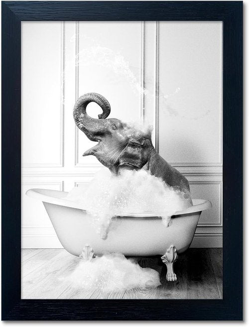 Framed Bathroom Art - Elephant in Bathtub Canvas Print | Funny Black and White Decor