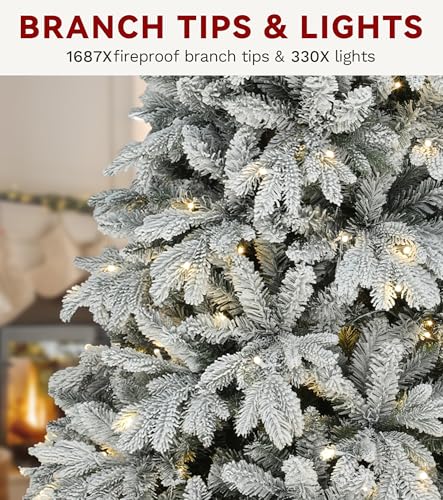 DWVO 7.5ft Pre-lit Snow Flocked Christmas Tree with Remote Control, 1687 Tips & 330 Lights