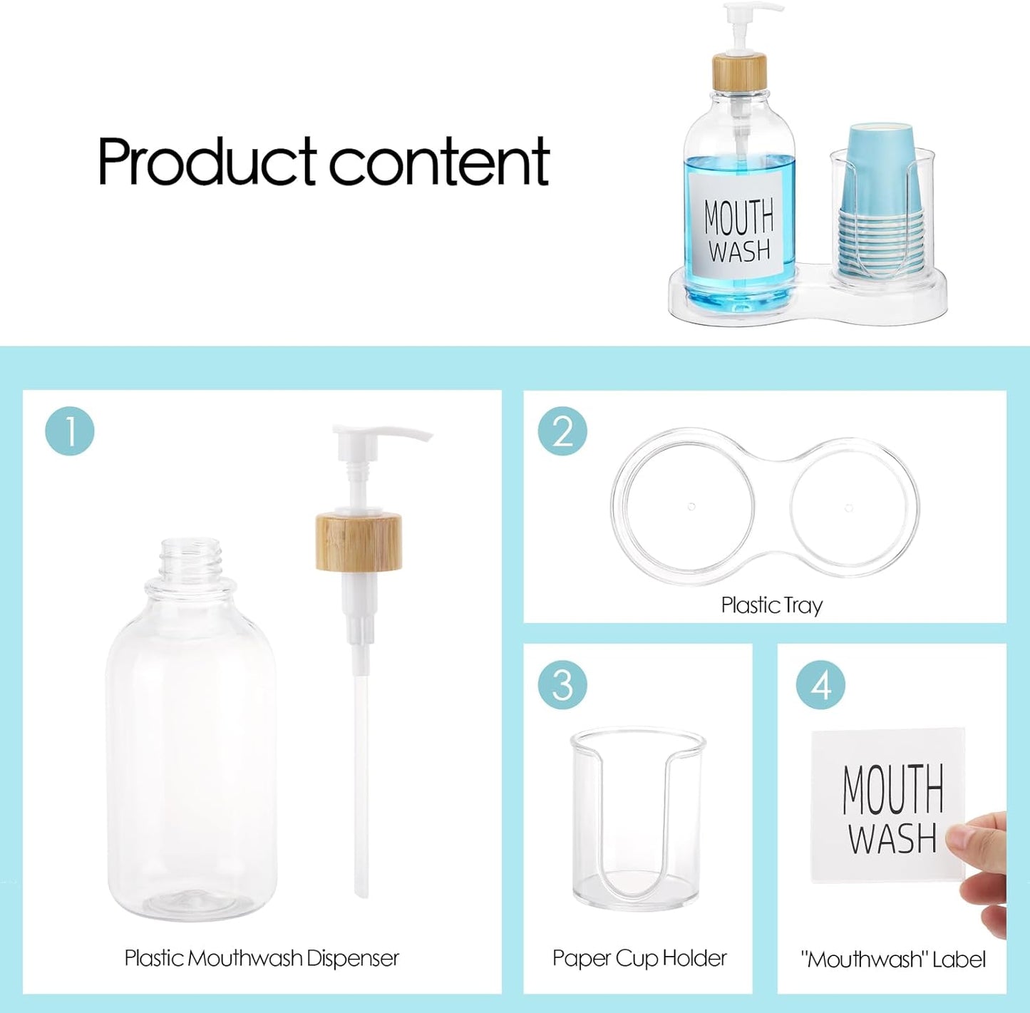 Skiennix Mouthwash Dispenser - 16oz Clear Plastic Bottle with Cup Holder & Tray for Bathroom