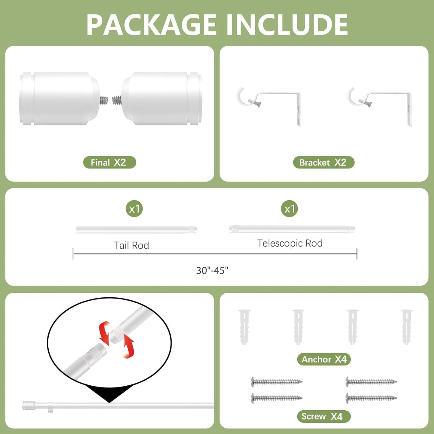 Skiennix Adjustable Curtain Rods - 5/8” Diameter, 30-45 Inch for Small Windows - White with Brackets