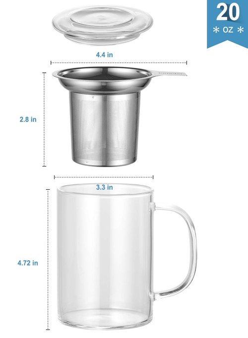 Enindel 3020.05 Glass Tea Mug with Infuser and Lid, Tea Cup, Clear, 20 OZ, GM005