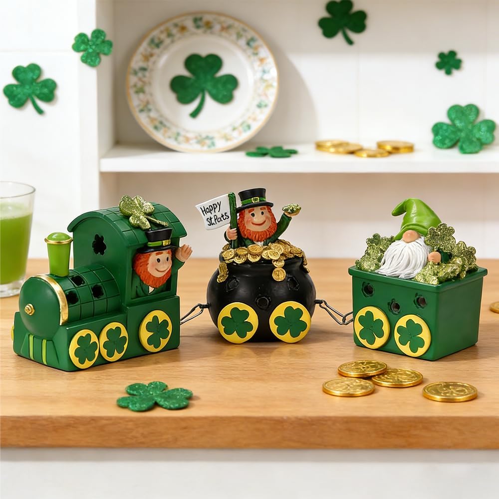 Skiennix St. Patrick's Day Decorations - Lighted Leprechaun Train Centerpiece for Home & Dining Room