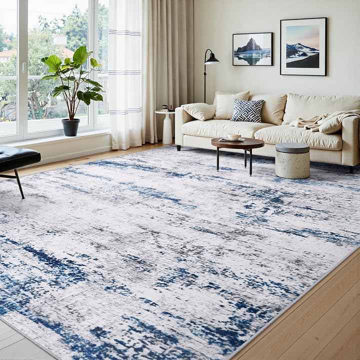 8x10 Large Washable Abstract Area Rug for Living Room - White, Gray, Blue - Non-Slip