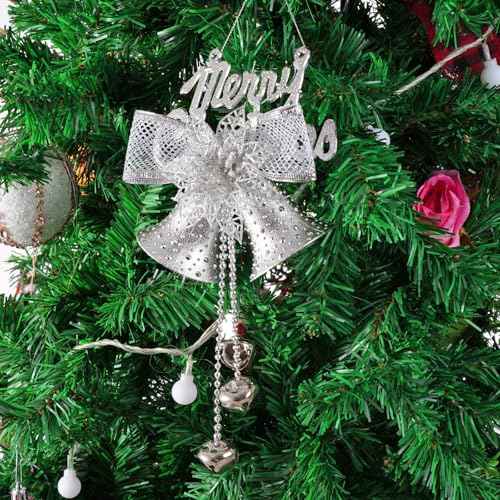 2 Pcs Metal Merry Christmas Bell Door Hanging Ornament with Bow for Tree & Wreath Decoration DIY Bells (Silver)