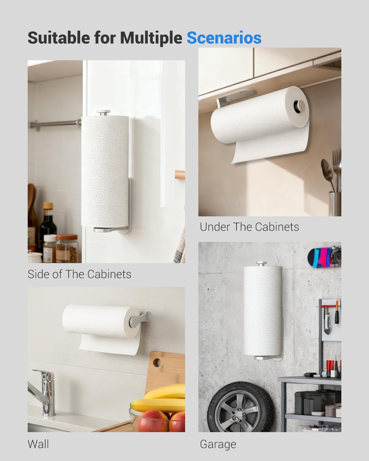 Skiennix Paper Towel Holder - One-Handed Tear Wall Mount | Adhesive Silver Design for Kitchen & Bathroom