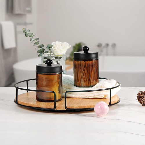Amolliar Amber Glass Qtip Holder - Stylish Apothecary Jar with Matte Black Lid | 2-Pack Bathroom Organizer for Cotton Swabs and Floss