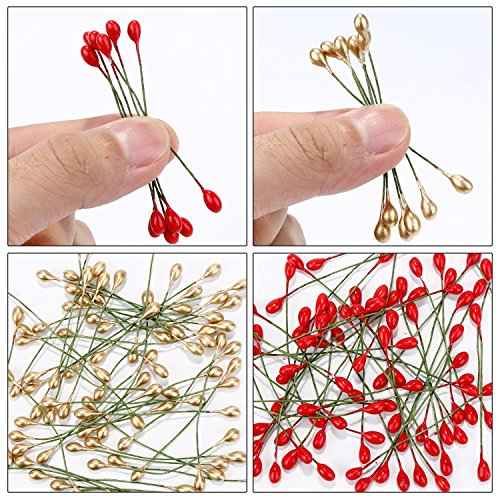 Shappy 400 Pieces Elliptical Artificial Holly Berries on Wire for Christmas Decoration and Floral Arrangement (Red and Gold)