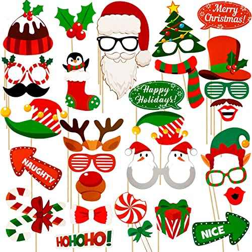 32Pcs Christmas Photo Booth Props, Christmas Party Selfie Prop for Kids Adults, DIY Photography Props Decorations Accessories