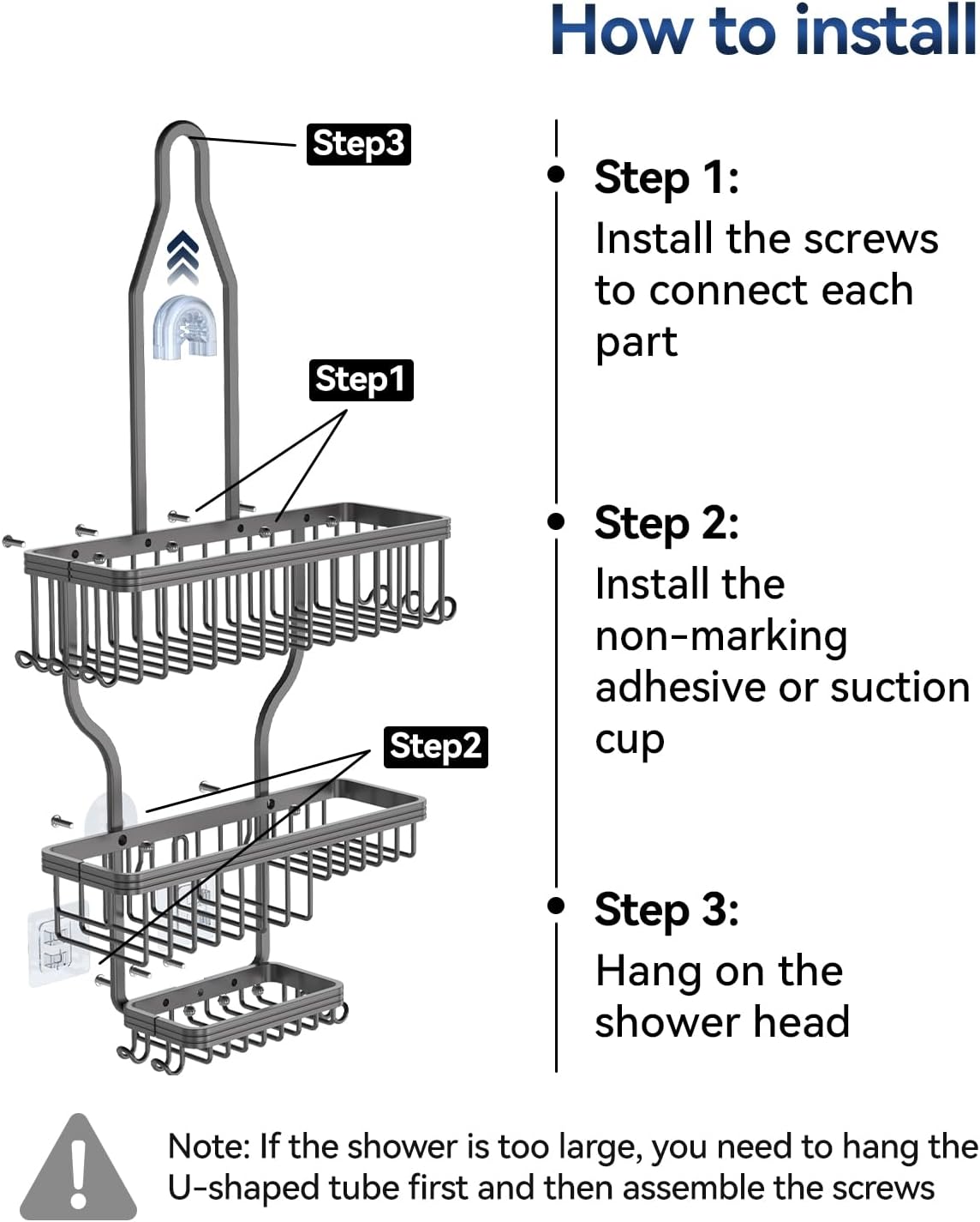 YASONIC Shower Caddy - Rustproof Aluminum Organizer with 10 Hooks & Soap Basket - Grey